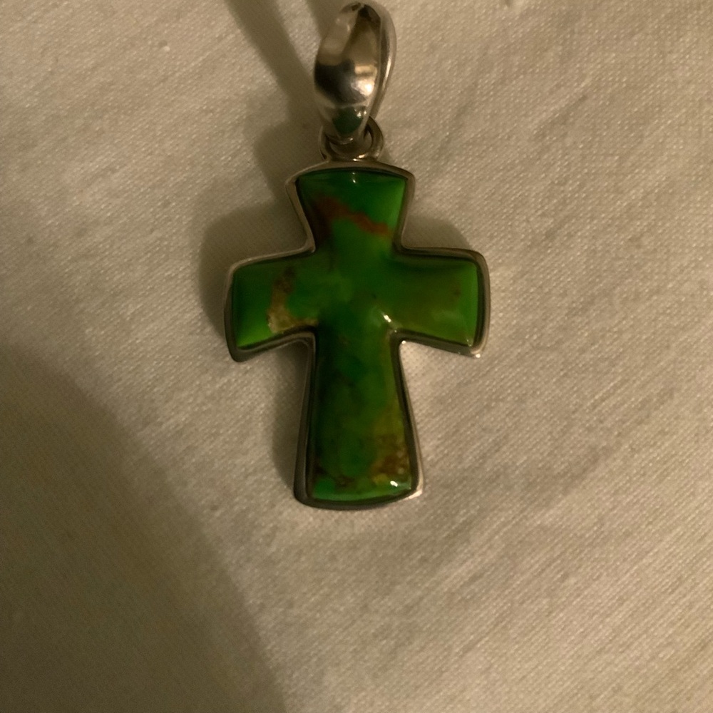 Authentic BARSE Lime green turquoise cross, set in sterling silver.